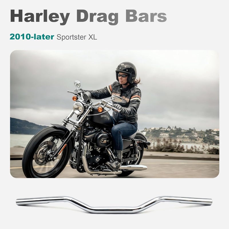 MoKitDora 2.7" Rise 1" Clamp Drag Bars Handlebars for Harley 2010-later XL883L XL1200C XL1200NS XL1200T XL1200V and XL1200XS Models, Chrome - Image 2